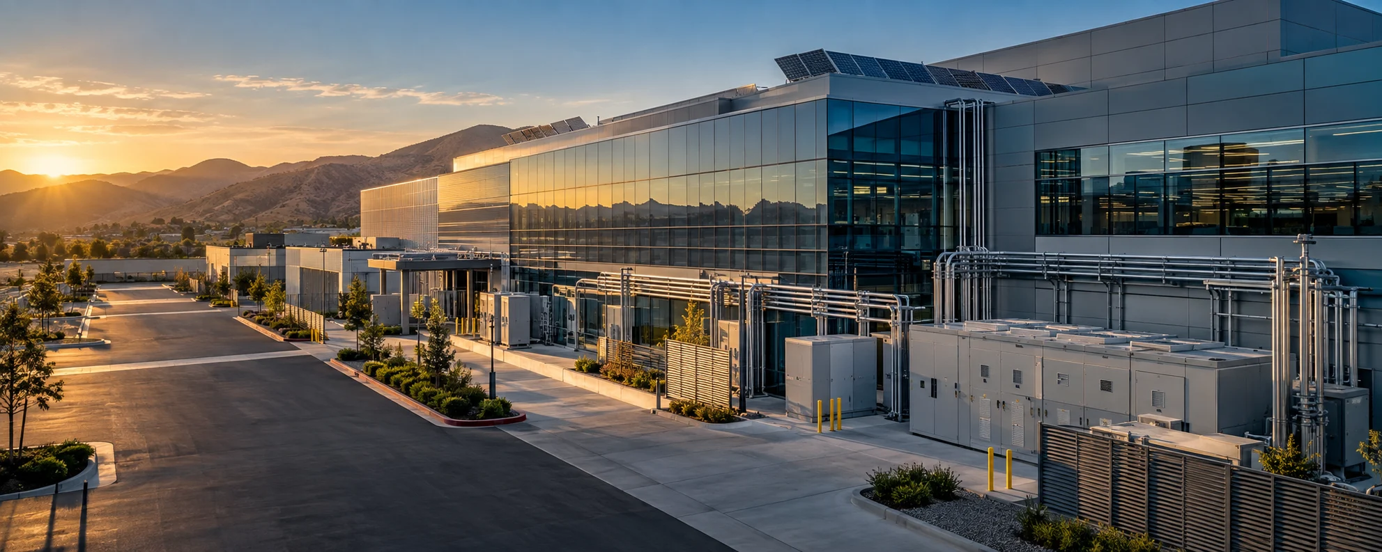 Illustrative architectural scene of a commercial facility and energy infrastructure